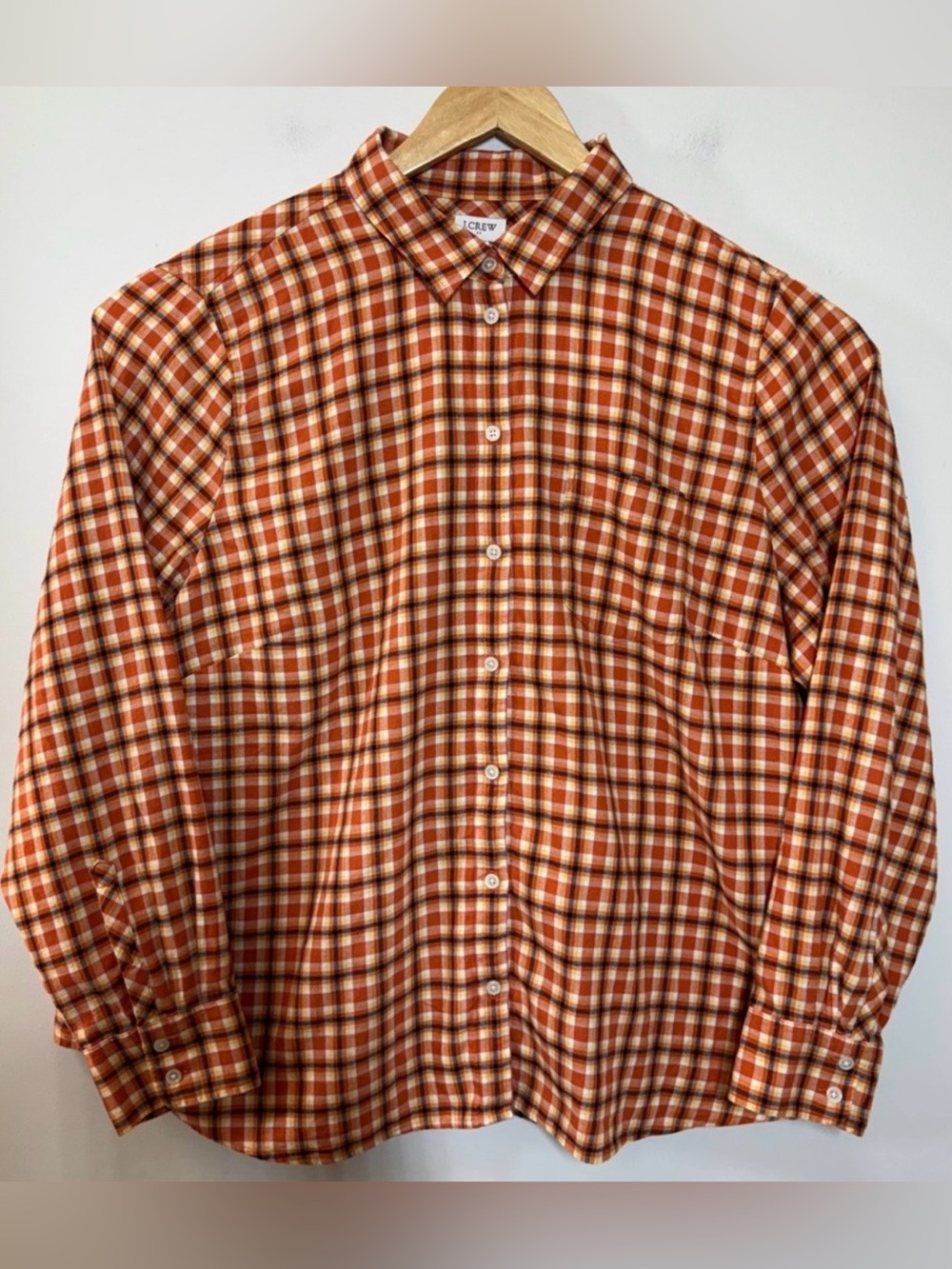 J Crew Womens 2X Orange Plaid Button Down Shirt Fall Coastal Grandma Academia